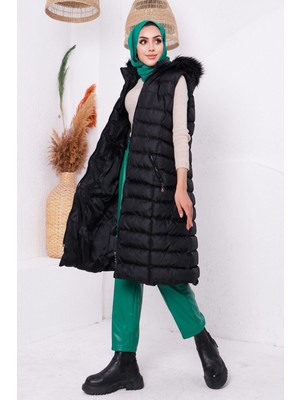 İmaj Butik Siyah Kadın Modest Kapüşonlu Ön Fermuarlı Büyük Beden Tesettür Şişme Yelek