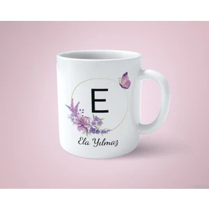 Hesaplısı Burada Kişiye Özel E Baş Harfli İsimli Mor Çerçeveli Beyaz Kupa Bardak-1