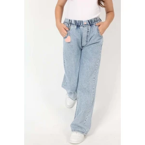 Kız Çocuk Komple Bel Lastikli Bol Paça Rahat Günlük Jean Kot Pantolon