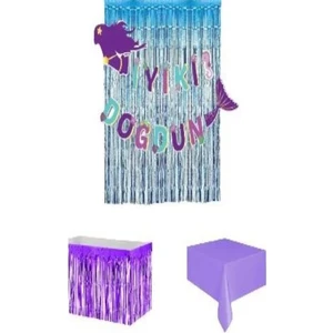 Çıtı Pıtı Store Denizkızı Konseptli Iyi Ki Doğdun Yazılı Arka Fonlu Deniz Kızı Temalı Mor Mavi Uyumlu Doğum Günü Set