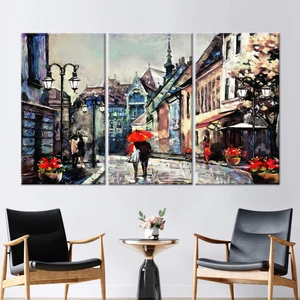 Kayra Export 3 Parçalı Kanvas Tablo, Kırmızı Şemsiyenin Altındaki Sevenler, Avrupa Şehir View Duvar Dekoru,