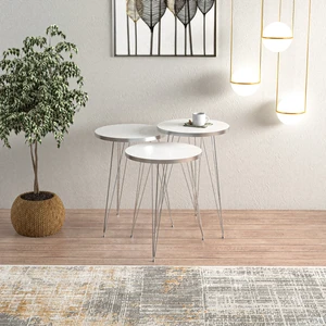 Ege Modüler Beyaz Gümüş Metal Ayaklı Gümüş Detaylı 3 Lü Zigon Sehpa Yuvarlak