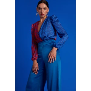 Sateen Kruvaze Desenli Bodysuit - Oranj-Sax Mavi