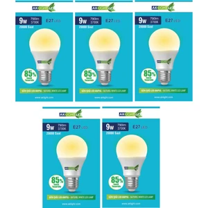 Aklight 9W Günışığı E-27 LED Ampul 790 Lm 5 Li Paket