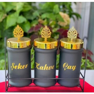 Albak Life Cam 3 Lü Premium Çay Kahve Şeker Kavanoz Metal Standlı