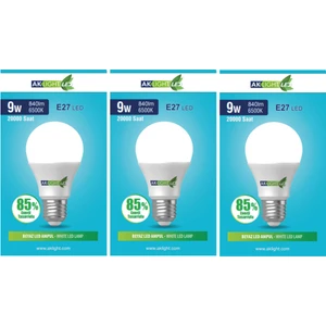 Aklight 9W Beyaz Işık E-27 LED Ampul 840 Lm 3 Lü Paket