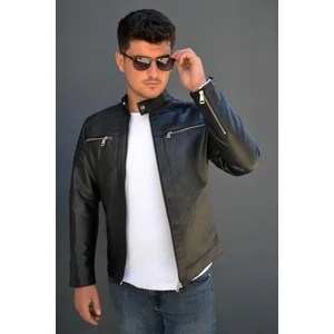 Kışa Uygun Siyah Dik Yaka Deri Ceket Suni Deri Malzeme ile Slim Fit Tasarım