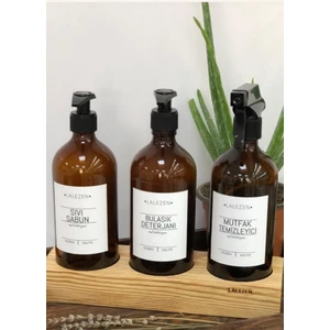3lü Ahşap Standlı Sıvı Sabun Bulaşık Deterjanı Mutfak Temizleyici Beyaz Etiketli Amber 500ML