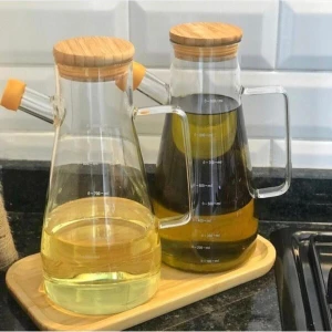 Bambu Standlı Borosilikat Yağlık Seti 2 Adet 900 ml Şık Tasarım Mutfak Dekoruna Uygun