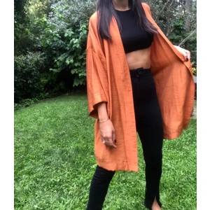 Kiremit Turuncu Basic Oversize Baskısız Dokuma Kadın Erkek Kimono