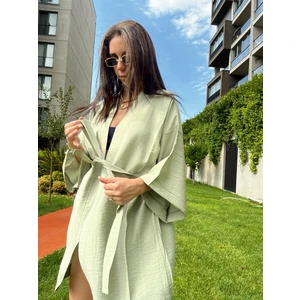 Zeytin Yeşili Basic Oversize Baskısız Dokuma Kadın Erkek Kimono