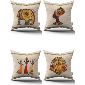 Krem Etnik Afrika Figürlü Fil Desenli Dijital Baskılı Kırlent Yastık Kılıfı Seti 4KMBS304