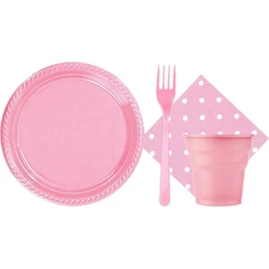 Tatlı Günler Pembe 25 Kişilik Plastik Bardak Çatal Tabak Puantiyeli Peçete Takımı Parti Seti