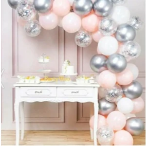 Tatlı Günler 100 Adet Pembe Beyaz Gümüş Krom Konfetili Balon Zincir Seti 5 Metre