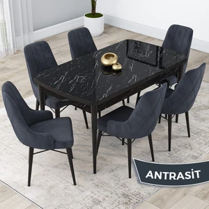 Concept Kar Serisi 80 x 132 cm Açılabilir Mdf Mutfak Masa Takımı Siyah Mermer Desen Masa 6 Sandalye