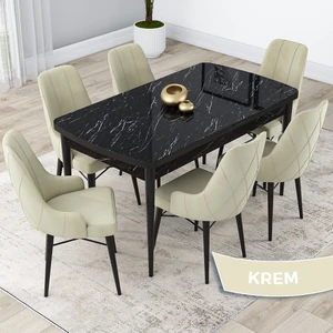 Concept Kar Serisi 80 x 132 cm Açılabilir Mdf Mutfak Masa Takımı Siyah Mermer Desen Masa 6 Sandalye