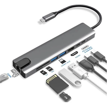 DarkSent 8 In 1 Ethernet Sd USB Type C Hub HDMI Girişli Macbook