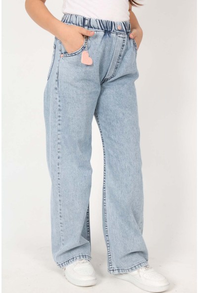 Asortix Kız Çocuk Komple Bel Lastikli Bol Paça Rahat Günlük Jean Kot Pantolon