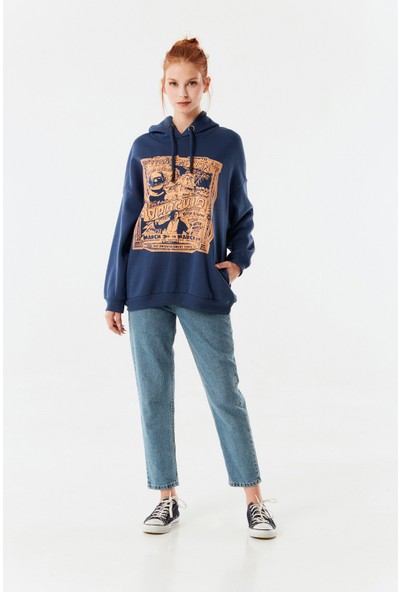 FullaModa Baskılı Kapüşonlu Oversize Sweatshirt