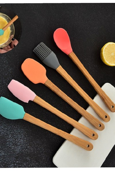 Usin 5 Li Takım Yanmaz Yapışmaz Slikon Mutfak Pasta Ahşap Yumurta Fırçası Kaşık Spatula Seti -21*3 cm