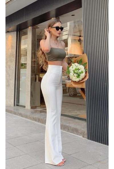 AÈC PRIVÈ Kadın Beyaz Extra Yüksek Bel Ispanyol Paça Kumaş Pantolon