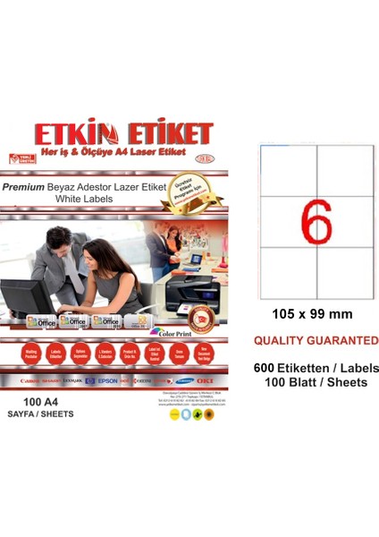 YN5303 Laser Etiket 6 Lı 105X99 Beyaz Düz