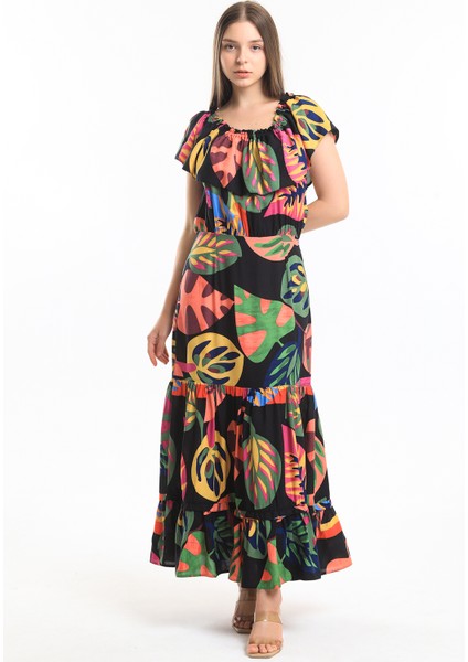 Degaje Yaka Yakası Lastikli Dokuma Viskon Uzun Elbise | ELB34315 Siyah Çiçekli fiyatları