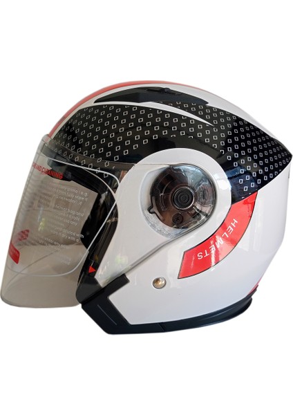 Jk-21 512 Model Güneş Vizörlü Yarım Kask - Kırmızı-Beyaz - M