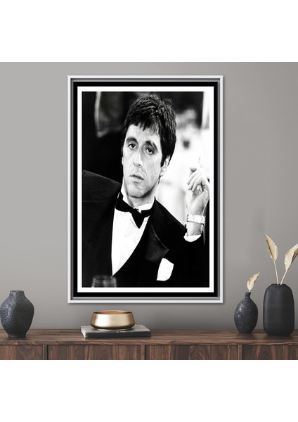 1 Parça Beyaz Çerçeveli Kanvas Tablo, Tony Montana, Tony Montana Sanat Eseri,