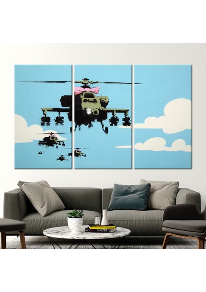 3 Parçalı Kanvas Tablo, Banksy Helikopter, Banksy Kanvas Dekor, Helikopter Grafiti Kanvas Poster,
