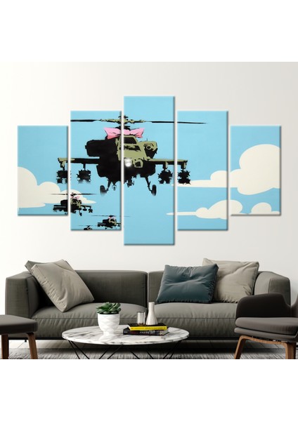 5 Parçalı Mix Kanvas Tablo, Banksy Helikopter, Banksy Sanat, Soyut Baskılı,