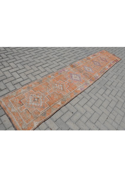 Türk Halısı, Eskitme Halı, Halı, 98X358 cm Turuncu Halı, Bahçe Merdiven Halı, Organik Mutfak Halı,