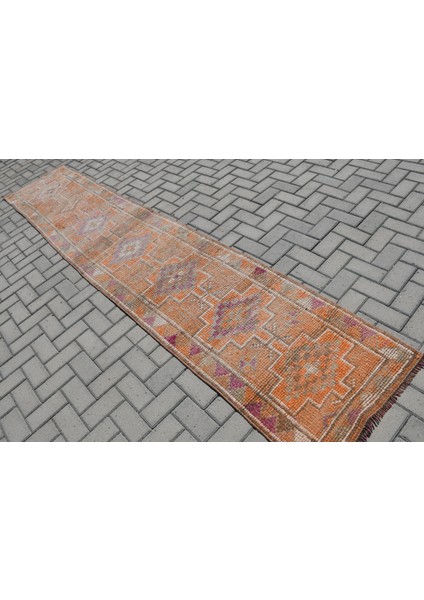 Türk Halısı, Eskitme Halı, Halı, 98X358 cm Turuncu Halı, Bahçe Merdiven Halı, Organik Mutfak Halı,