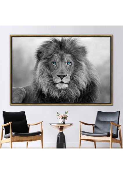 1 Parça Gold Çerçeveli Kanvas Tablo, Mavi Gözlü Aslan Duvar Sanatı, Aslan Sanat,