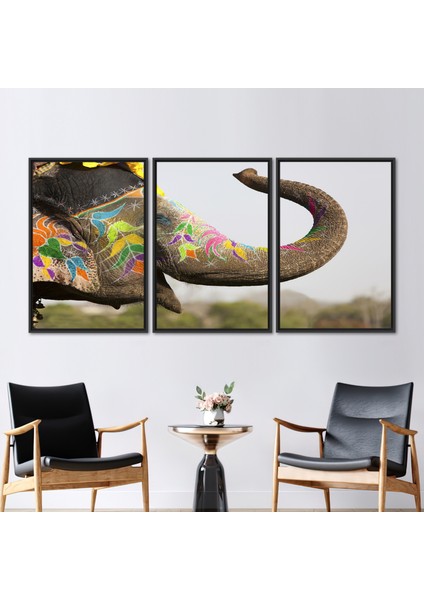 3 Parçalı Siyah Çerçeveli Kanvas Tablo, Safari 3 Boyutlu Kanvas, Renkli Fil Sanat,