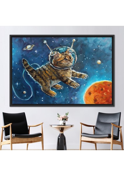 1 Parça Siyah Çerçeveli Kanvas Tablo, Soyut Kedi Duvar Dekoru, Astronot Kedi Kanvas,
