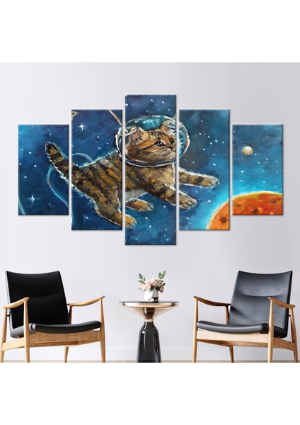 5 Parçalı Mix Kanvas Tablo, Astronot Duvar Süsü, Astronot Kedi Sanat, Soyut Hayvan Sanat,