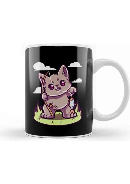 Cute & Funny Cat Fishing Kupa Bardak Porselen