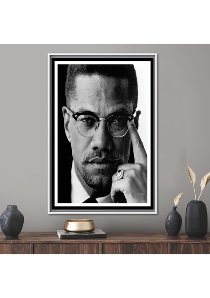 1 Parça Beyaz Çerçeveli Kanvas Tablo, Malcom X, Ünlü Sanat, Malcom x Sanat, Ünlü Duvar Dekoru,