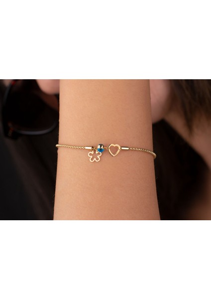 Çiçek ve Kalpli Zarif Charm Bileklik 14 Ayar Altın