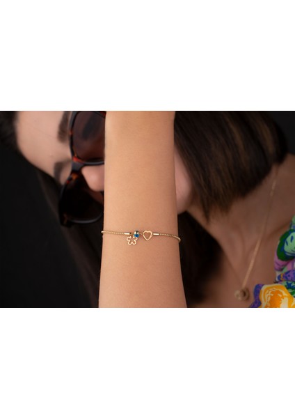 Çiçek ve Kalpli Zarif Charm Bileklik 14 Ayar Altın modelleri