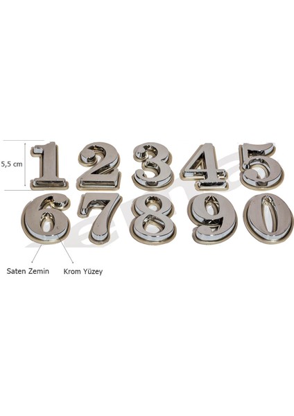 Yapışkanlı Lüx Rakam 5,5 cm Saten-Krom Çift Renk Çelik Kapı Için ( 1 Adet Rakam Fiyatıdır Set Değildir )
