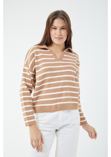 Kadın Çizgili Polo Yaka Triko Kazak