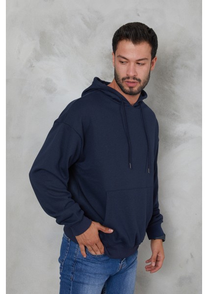 Erkek Oversize Kapüşonlu Kanguru Cepli Ribanalı Uzun Kollu Basic Sweatshirt