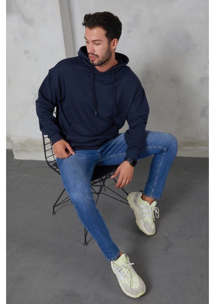 Erkek Oversize Kapüşonlu Kanguru Cepli Ribanalı Uzun Kollu Basic Sweatshirt