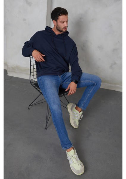 Erkek Oversize Kapüşonlu Kanguru Cepli Ribanalı Uzun Kollu Basic Sweatshirt