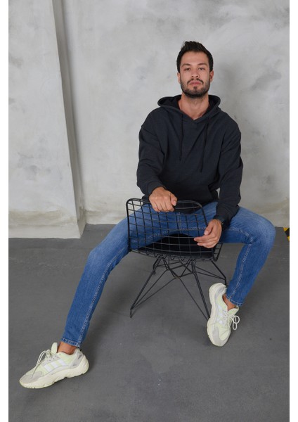 Erkek Oversize Kapüşonlu Kanguru Cepli Ribanalı Uzun Kollu Basic Sweatshirt
