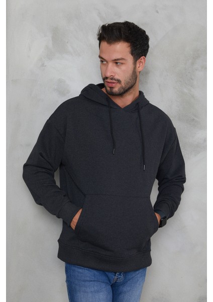 Erkek Oversize Kapüşonlu Kanguru Cepli Ribanalı Uzun Kollu Basic Sweatshirt