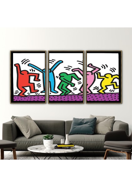 3 Parçalı Gold Çerçeveli Kanvas Tablo, Keith Haring Dans Insanlar, Keith Haring Baskılı,