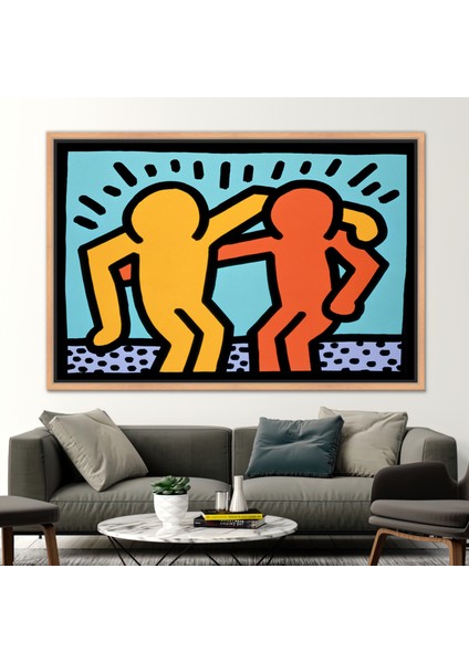 1 Parça Naturel Çerçeveli Kanvas Tablo, Keith Haring Insanlara Sarılmak, Grafiti Sanat,